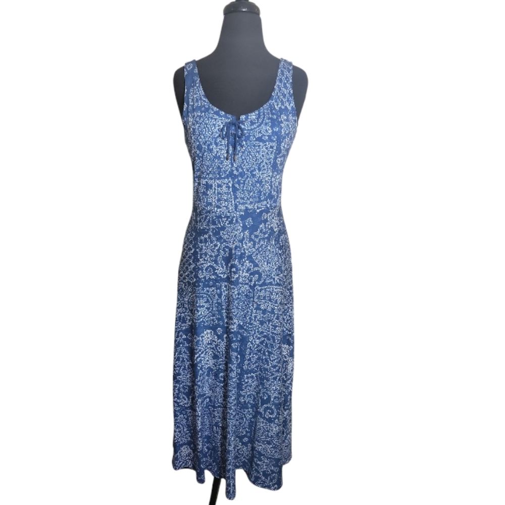 Chaps blue white paisley print fit flare sleeveless midi dress size small